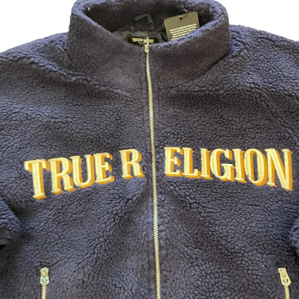 True Religion Mens TR Logo‎ Sherpa Jacket Eclipse Navy Blue Fleece 110299 Size L